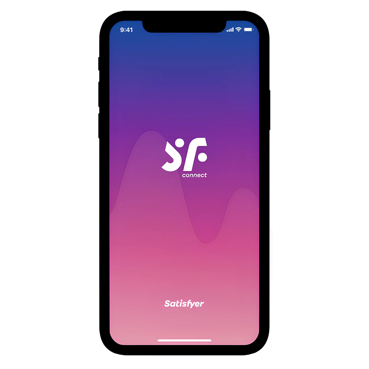 Начален екран на приложението Satisfyer Connect на смартфон, за управление на вибратора Double Joy, с лого SF и лилаво-розов фон