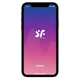 Начален екран на приложението Satisfyer Connect на смартфон, за управление на вибратора Double Joy, с лого SF и лилаво-розов фон