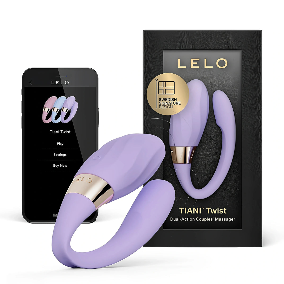 LELO TIANI Twist в люляков цвят пред черна кутия и телефон с приложението на LELO, на екрана са менюто Play, Settings и Buy Now
