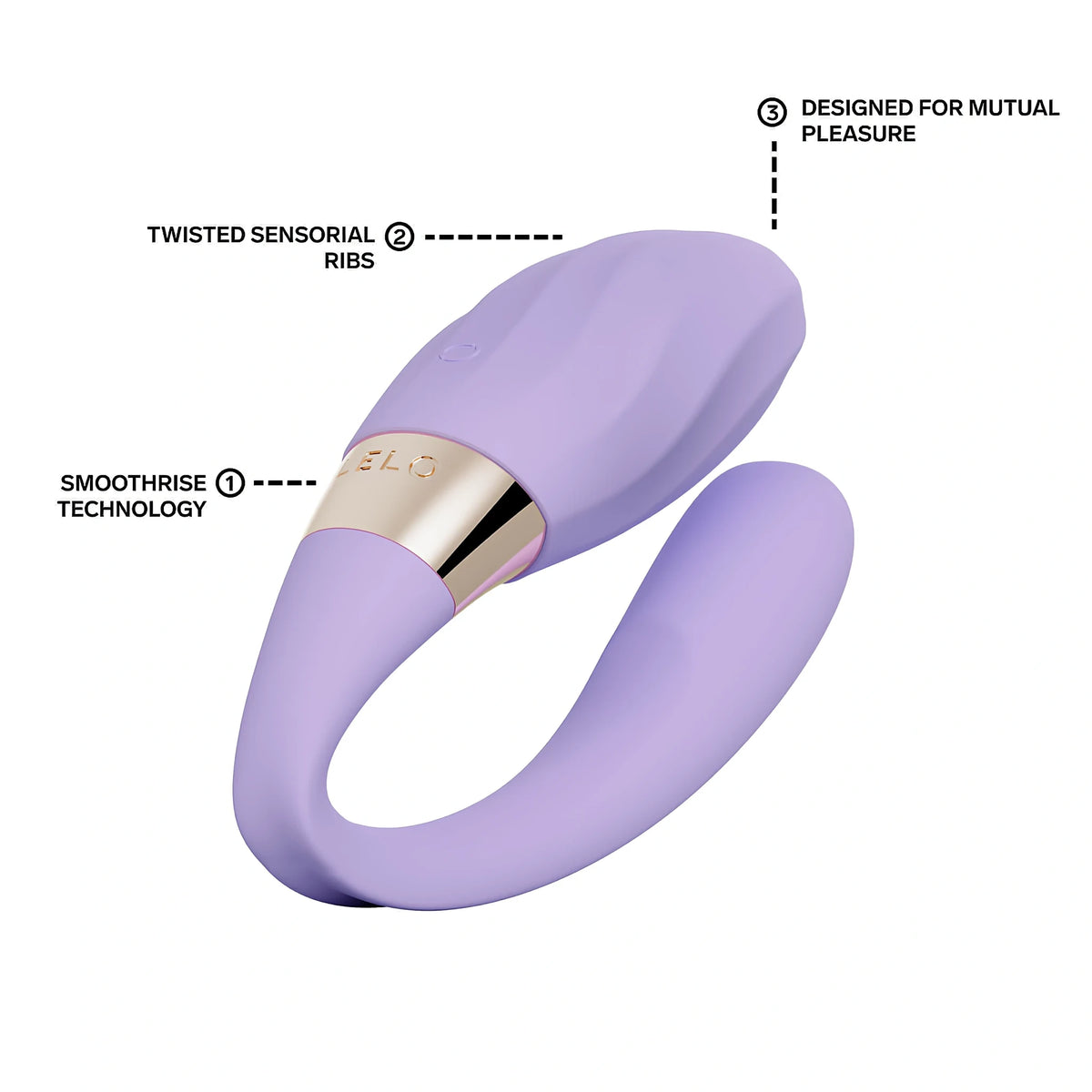Лилав вибратор за двойки LELO TIANI Twist с надписи: Smoothrise технология, усукани сензорни ребра и дизајн за споделено удоволствие