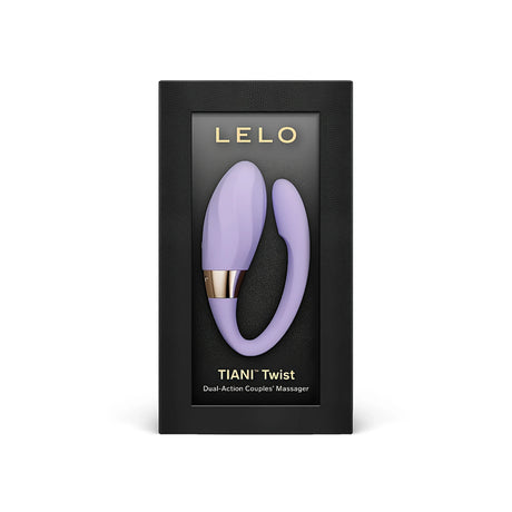 Черна кутия на LELO TIANI Twist с прозорец, през който се вижда лилавият вибратор за двойки с розовозлатист пръстен