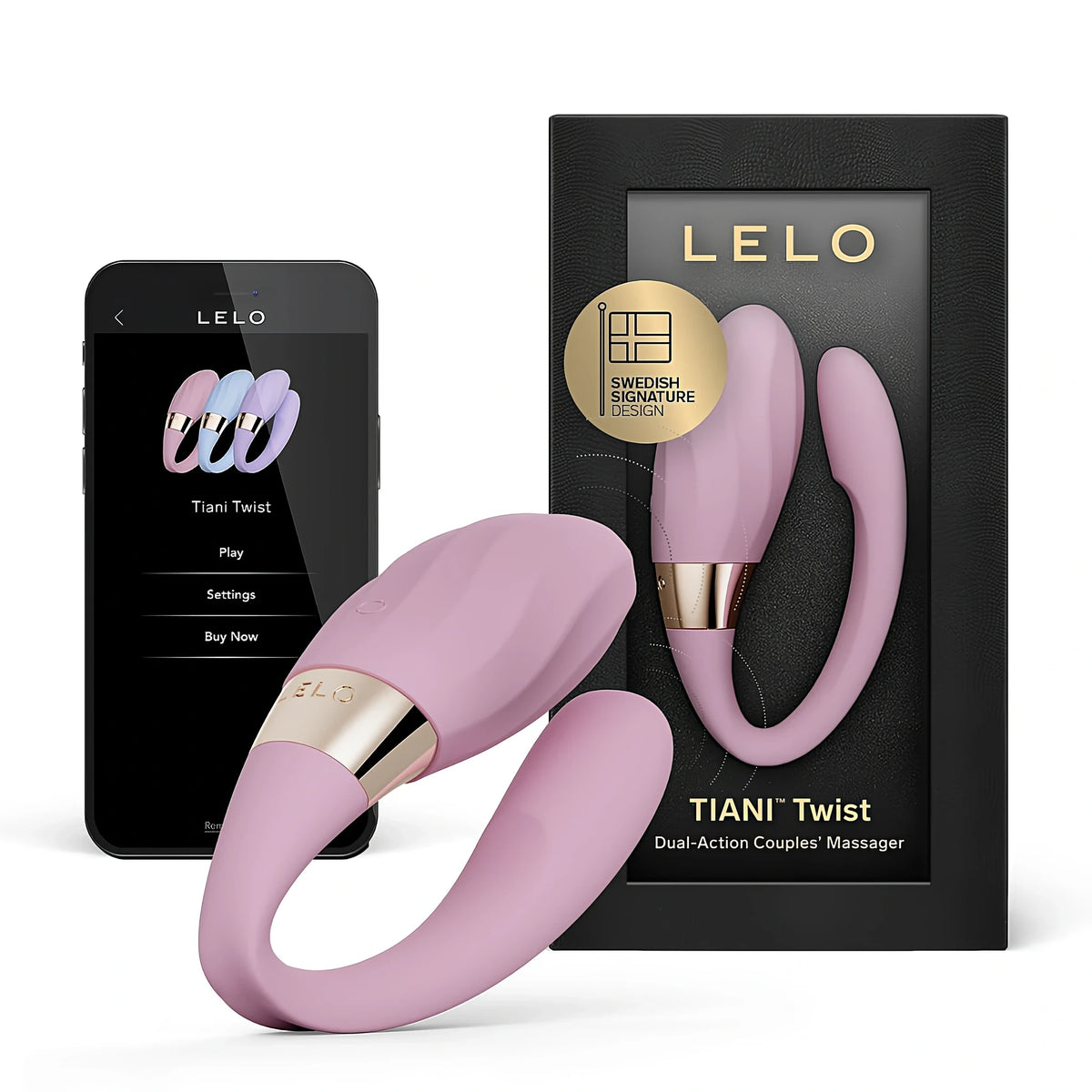 LELO TIANI Twist в розово пред черната си кутия и смартфон с приложението на LELO с менюта Play, Settings и Buy Now