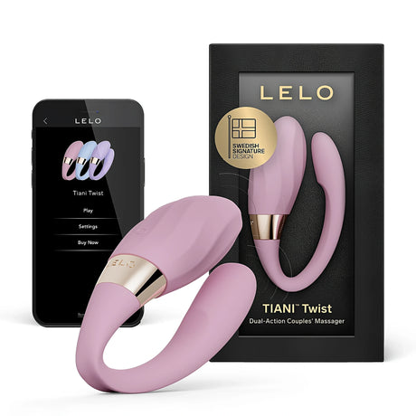 LELO TIANI Twist в розово пред черната си кутия и смартфон с приложението на LELO с менюта Play, Settings и Buy Now