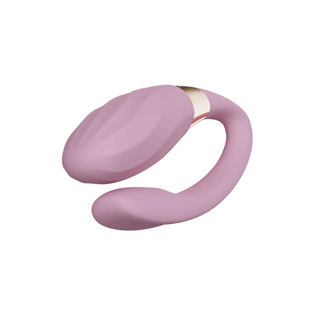 LELO TIANI Twist в розово – общ изглед отстрани на извития силиконов вибратор за двойки с розовозлатна декоративна лента