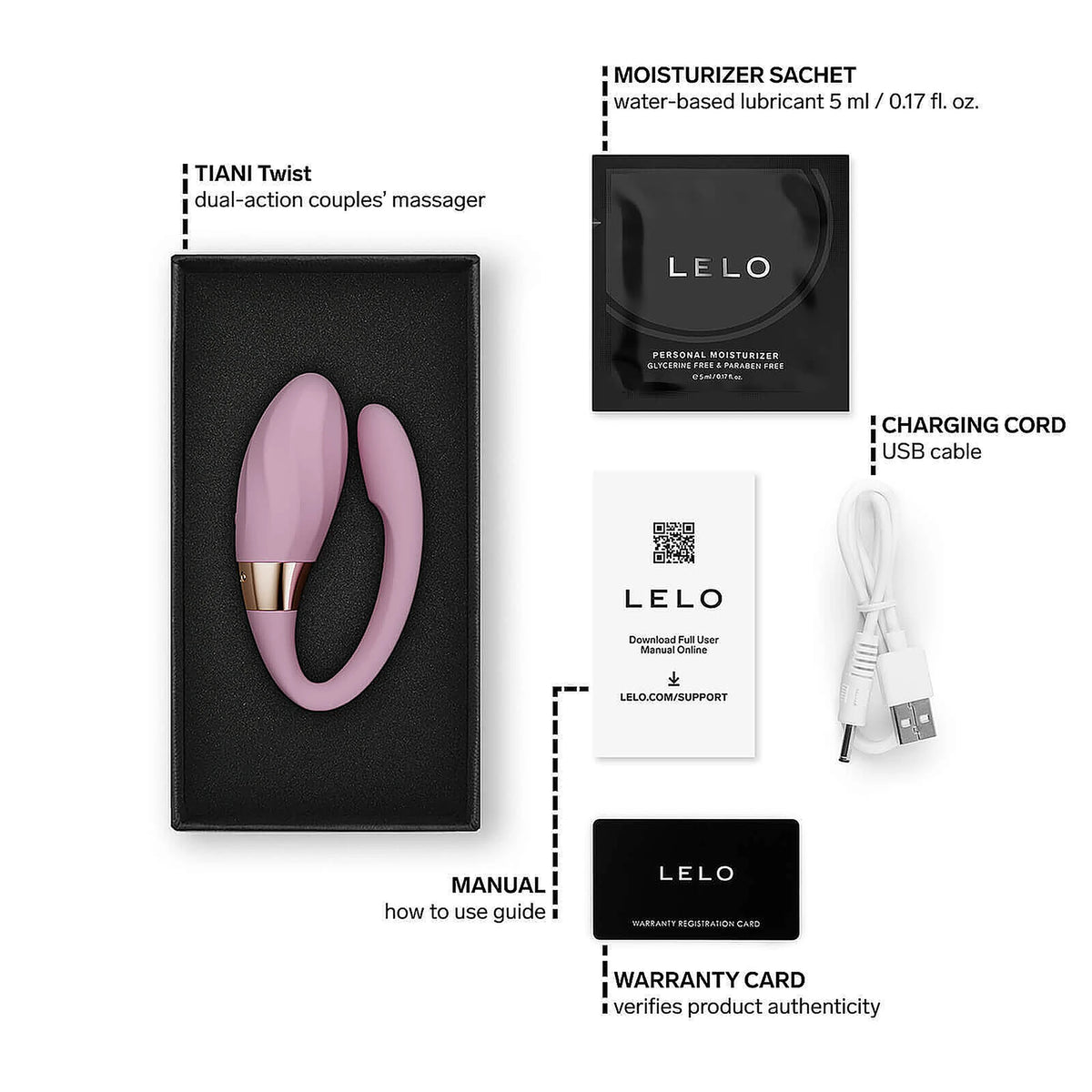 LELO TIANI Twist в розово в черна кутия, с ампула лубрикант, USB кабел, ръководство и гаранционна карта – схема на комплекта