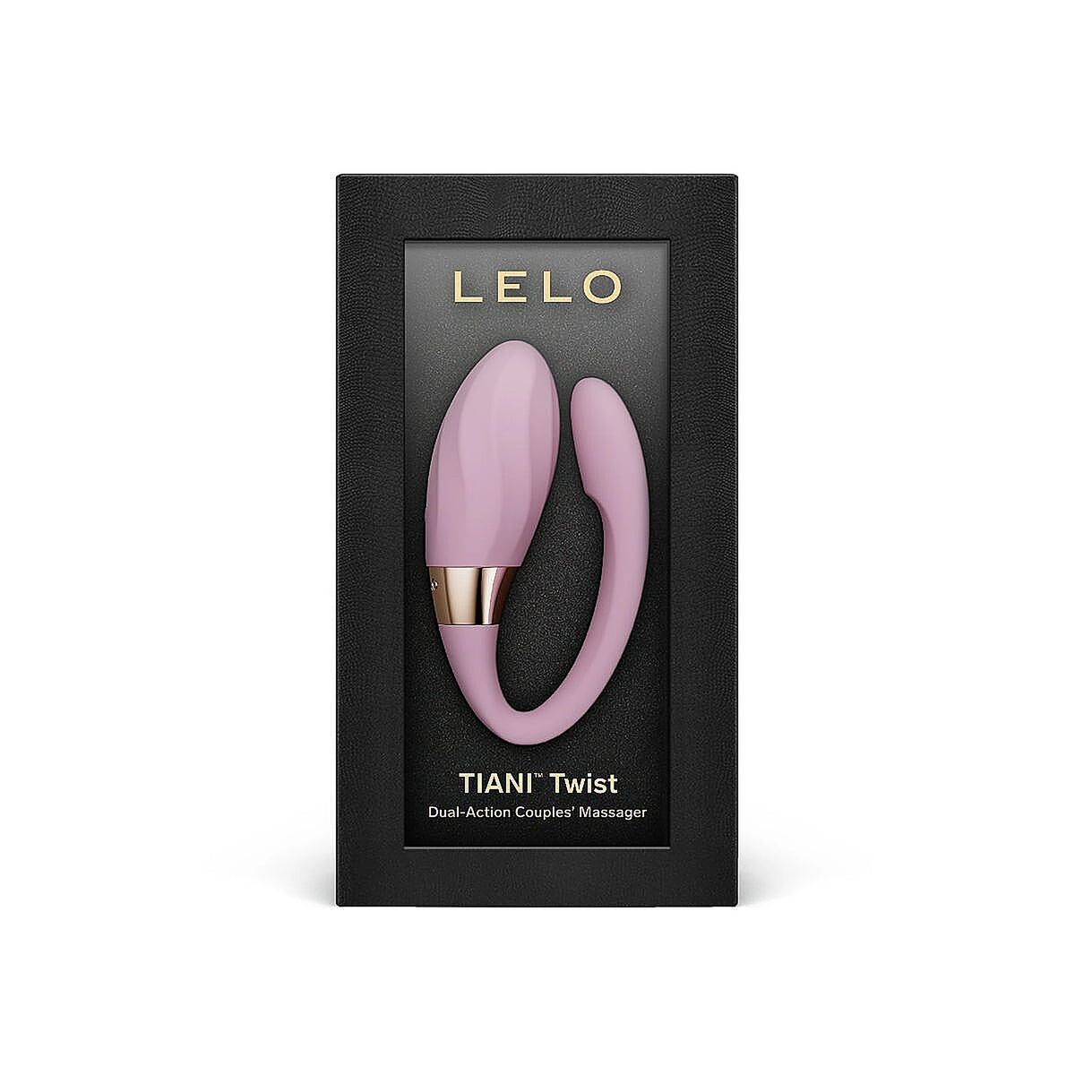 Черна кутия на LELO TIANI Twist с розов вибратор за двойки зад прозорец и надпис Dual-Action Couples' Massager, изглед отпред