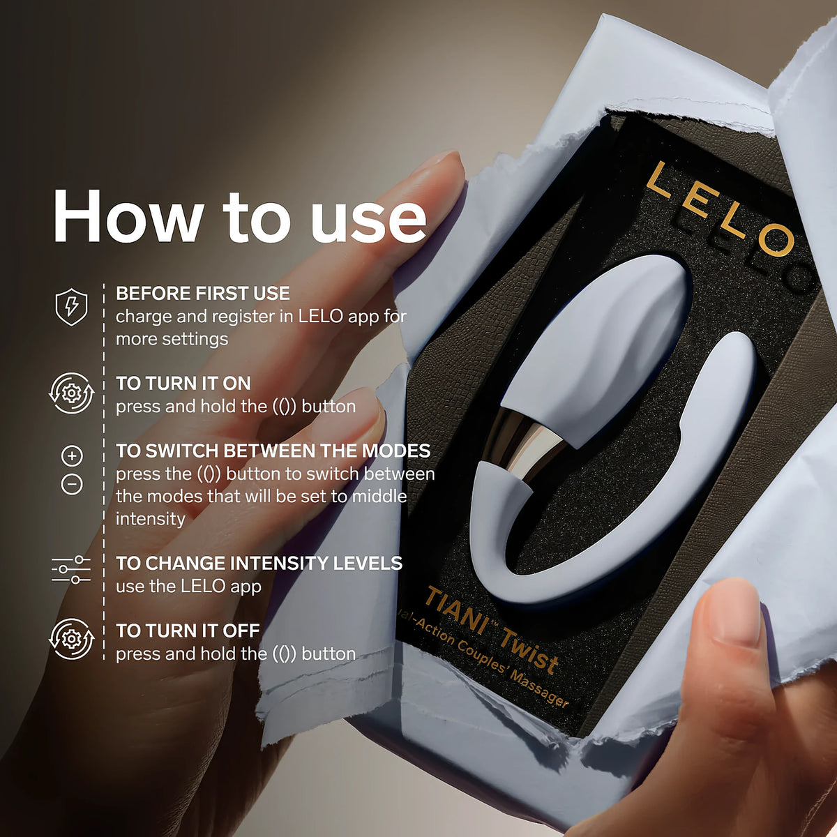 Инфографика «How to use» за LELO TIANI Twist: ръце държат кутията, а до нея са стъпките за зареждане, включване, режими и изключване