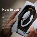 Инфографика «How to use» за LELO TIANI Twist: ръце държат кутията, а до нея са стъпките за зареждане, включване, режими и изключване