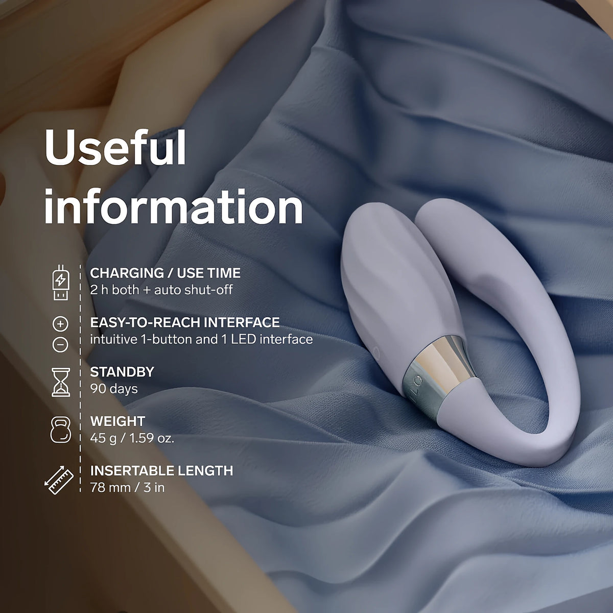 LELO TIANI Twist в светлолилав цвят върху синя тъкан и инфографика „Useful information“: зареждане 2 ч, режим на готовност 90 дни, тегло 45 г