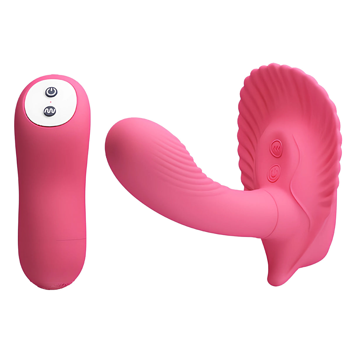 Розов вибратор Fancy Clam на Pretty Love с форма на мида и ребрест извит накрайник, до него дистанционно с две бутона