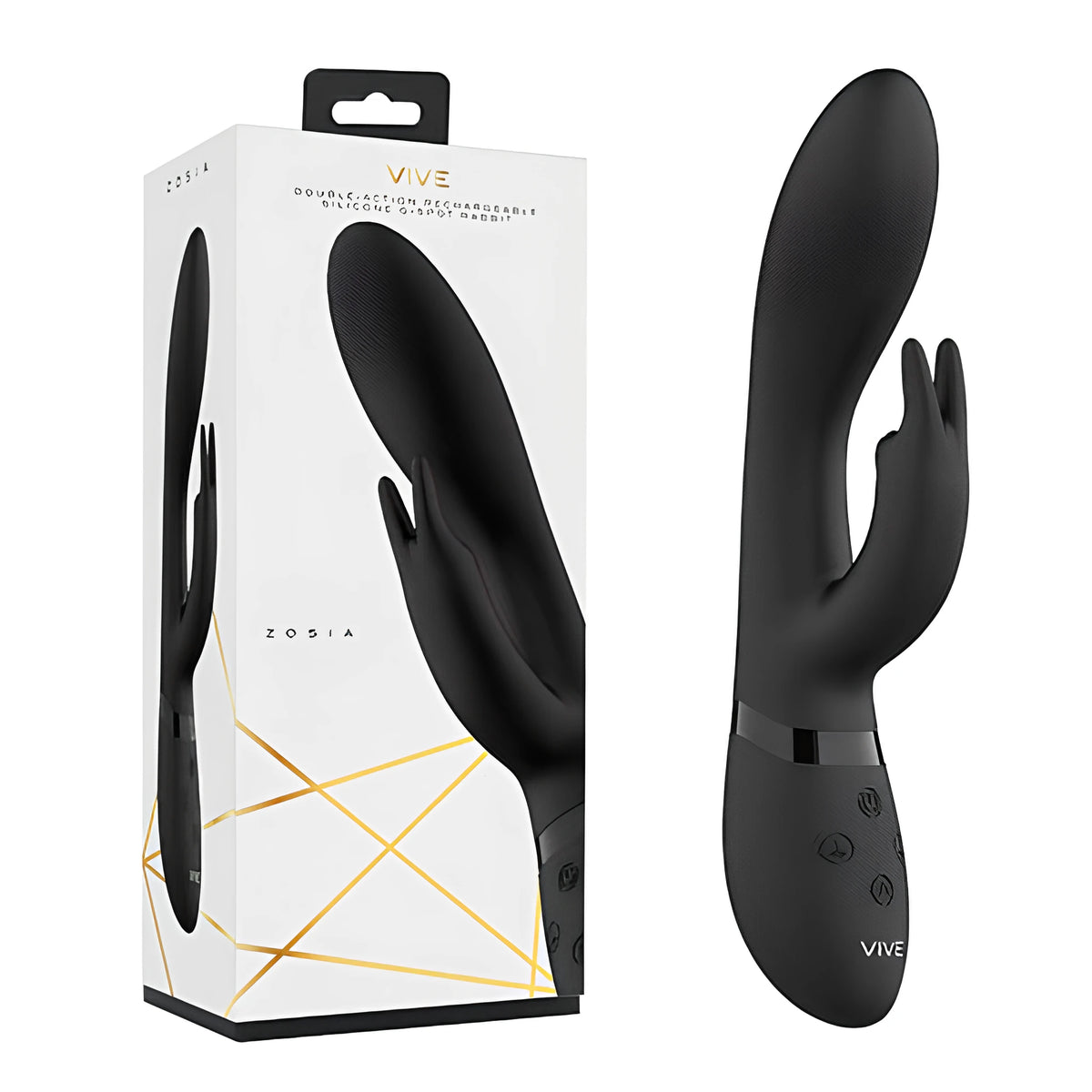 Черният вибратор Vive Zosia с двойно действие до бялата си кутия със златисти геометрични линии и надпис Zosia