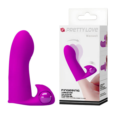 Лилав силиконов вибратор за пръст Maxwell до кутията си с надпис Pretty Love и Fingering Vibrator Silicone Material