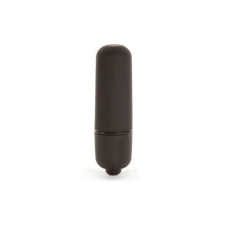 Черен матов виброкуршум X-basic Mini на Lovetoy, изправен, с тънък пръстен по средата и малко копче за включване в долния край