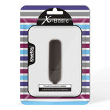 Черен мини виброкуршум X-Basic на Lovetoy в опаковка на цветни райета с надпис „Proudly Presented by lovetoy“, изглед отпред