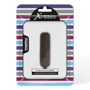 Черен мини виброкуршум X-Basic на Lovetoy в опаковка на цветни райета с надпис „Proudly Presented by lovetoy“, изглед отпред