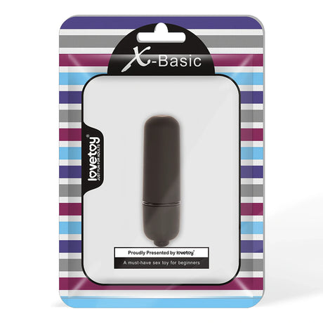 Черен мини виброкуршум X-Basic на Lovetoy в опаковка на цветни райета с надпис „Proudly Presented by lovetoy“, изглед отпред