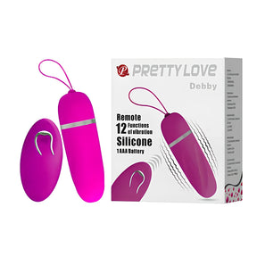 Виброяйце Debby на Pretty Love в лилаво с дистанционно управление до опаковката, на която пише: 12 функции на вибрация, силикон, 1 AAA батерия