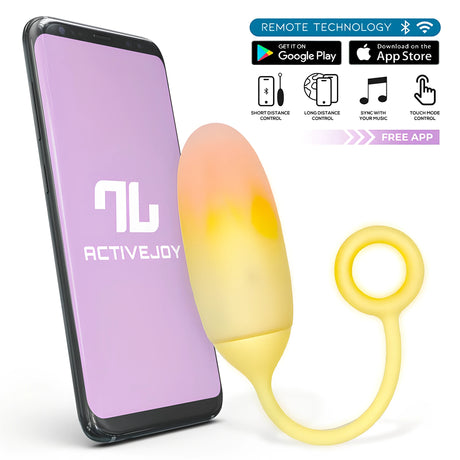 Виброяйце IntoYou App Series в жълто и оранжево с примка, до смартфон с приложение ActiveJoy и безплатно дистанционно управление