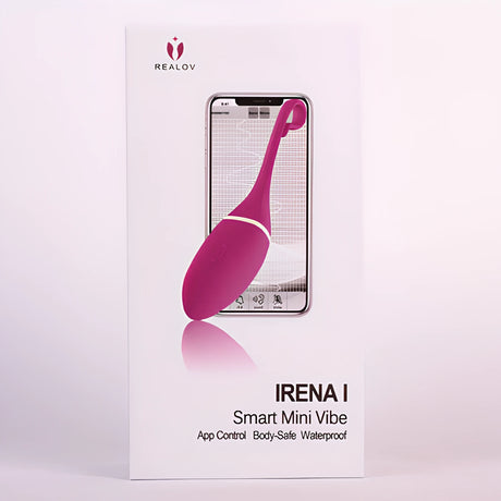 Бяла кутия на смарт виброяйце Realov Irena I с розово-лилав уред пред смартфон и надписи за приложение, безопасност и водоустойчивост