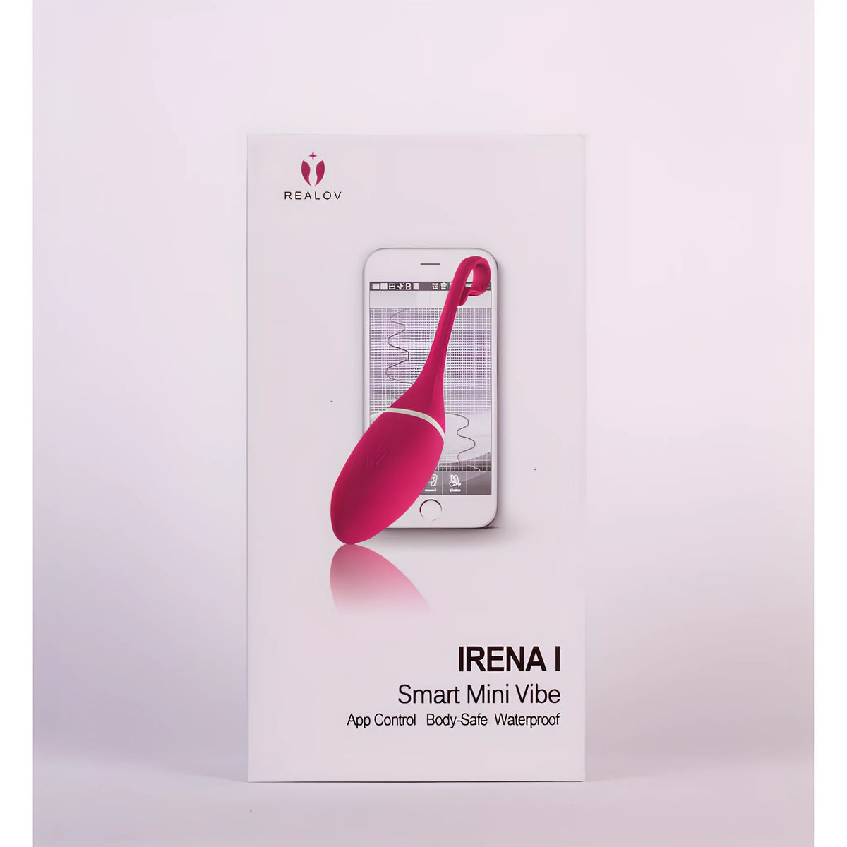 Предната страна на бялата кутия на Realov Irena I с розово виброяйце пред смартфон и надпис Smart Mini Vibe: App Control, Body-Safe, Waterproof