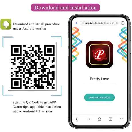 Инфографика за изтегляне на приложението Pretty Love за Android: QR код и телефон с бутон за инсталиране, версия над Android 4.3