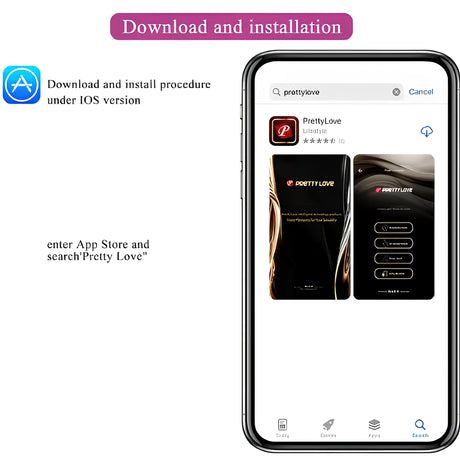 Инструкция за iOS към виброяйце Nymph: търсене на приложението Pretty Love в App Store и екрани за изтегляне и инсталиране
