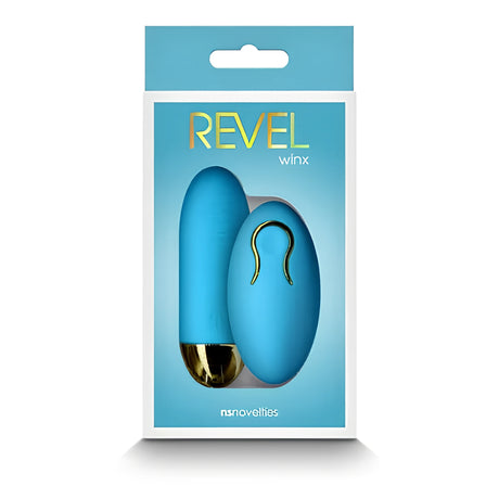 Синя кутия на виброяйце Revel Winx на NS Novelties с издължено синьо яйце със златист край и овално дистанционно