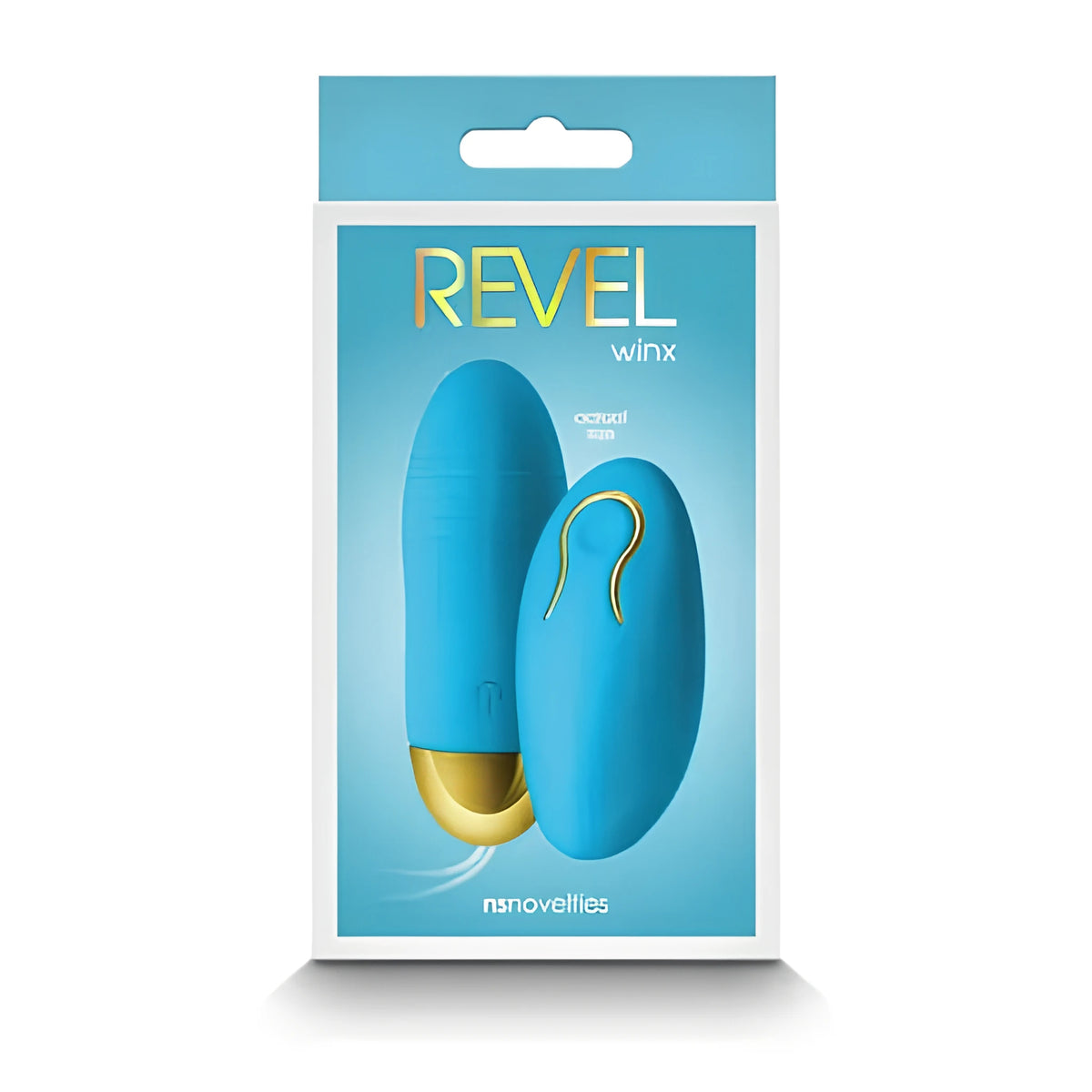 Синя кутия на виброяйце Revel Winx на NS Novelties с изображение на яйцето със златист детайл и овалното дистанционно