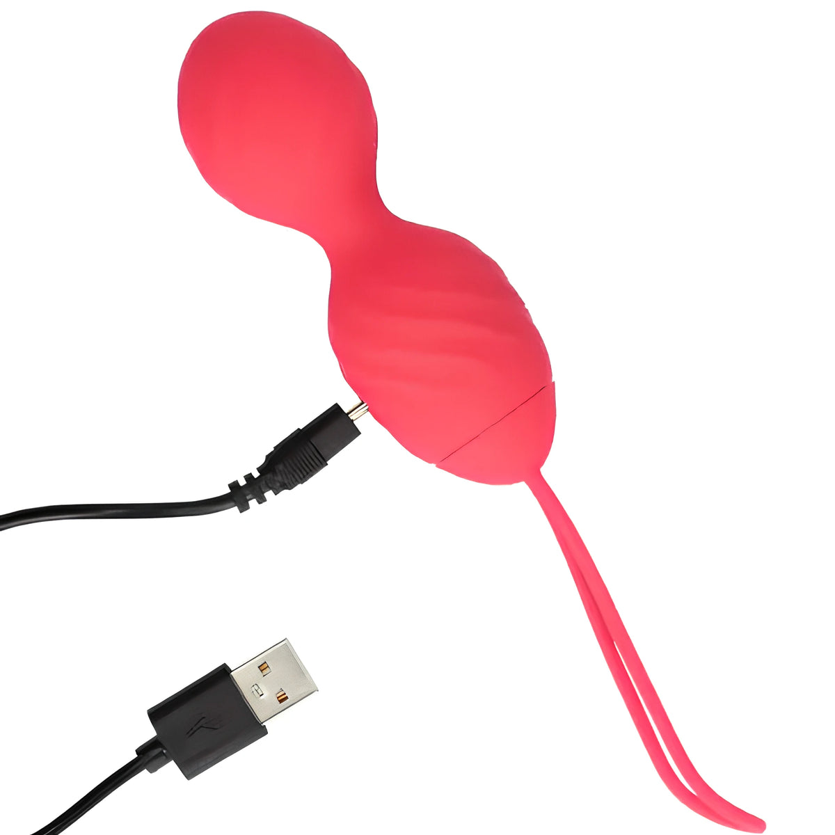 Червено виброяйце Loveline с черен USB кабел, включен в края му за зареждане, и розова силиконова панделка за изваждане