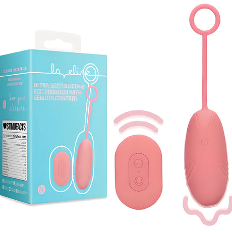 Виброяйце Ultra Soft Silicone в розов цвят с пръстен за изваждане и дистанционно, до синята опаковка на La Elise