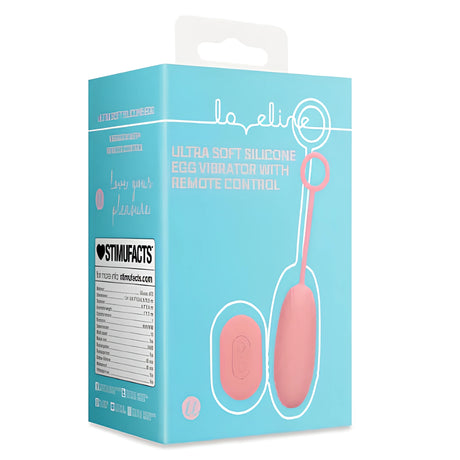 Синя кутия на виброяйце Ultra Soft Silicone с дистанционно: на лицевата страна са розовото яйце с пръстен и розовото устройство за управление