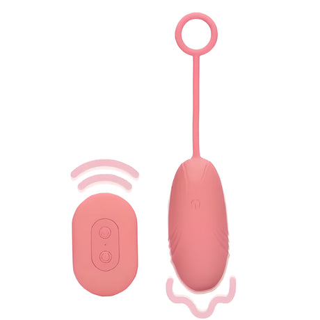 Розово виброяйце Ultra Soft Silicone с пръстен за издърпване и малко дистанционно с два бутона, до него са показани вълни на сигнала