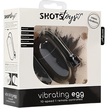 Кутия на черно виброяйце Shots Toys с прозорец към продукта и надпис „vibrating egg, 10-speed, remote controlled“