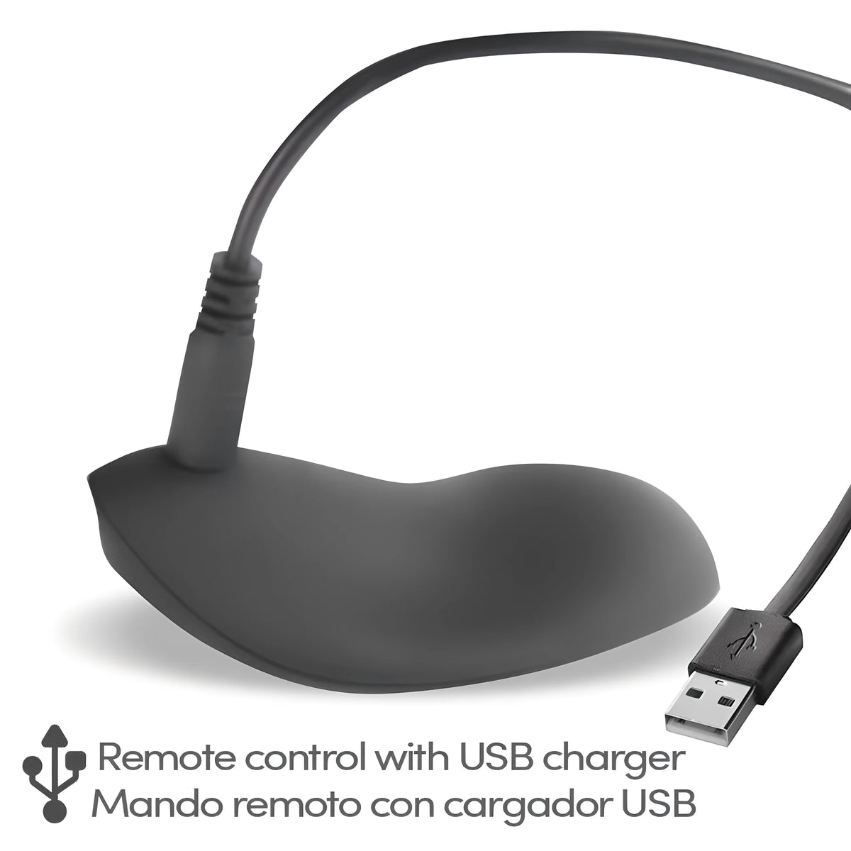Черното дистанционно на виброяйцето Adoree, свързано с USB кабел за зареждане; надпис: дистанционно с USB зарядно