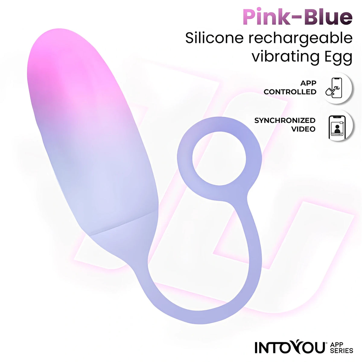 Виброяйце IntoYou App Series Pink-Blue с розово-син преливащ цвят и гъвкава силиконова примка; надписи за управление с приложение и синхронизирано видео