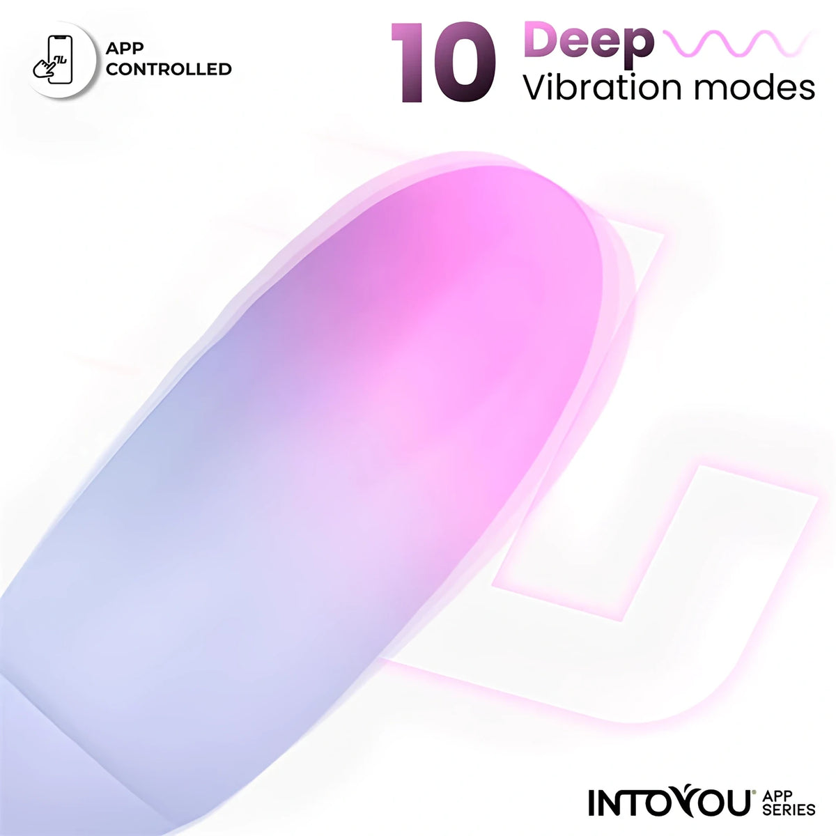 Инфографика на виброяйце IntoYou App Series в розово и синьо: управление през приложение и 10 дълбоки режима на вибрация