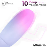 Инфографика на виброяйце IntoYou App Series в розово и синьо: управление през приложение и 10 дълбоки режима на вибрация