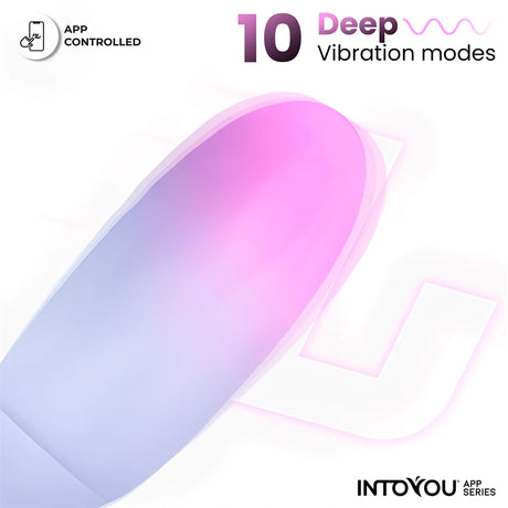 Инфографика на виброяйце IntoYou App Series в розово и синьо: управление през приложение и 10 дълбоки режима на вибрация