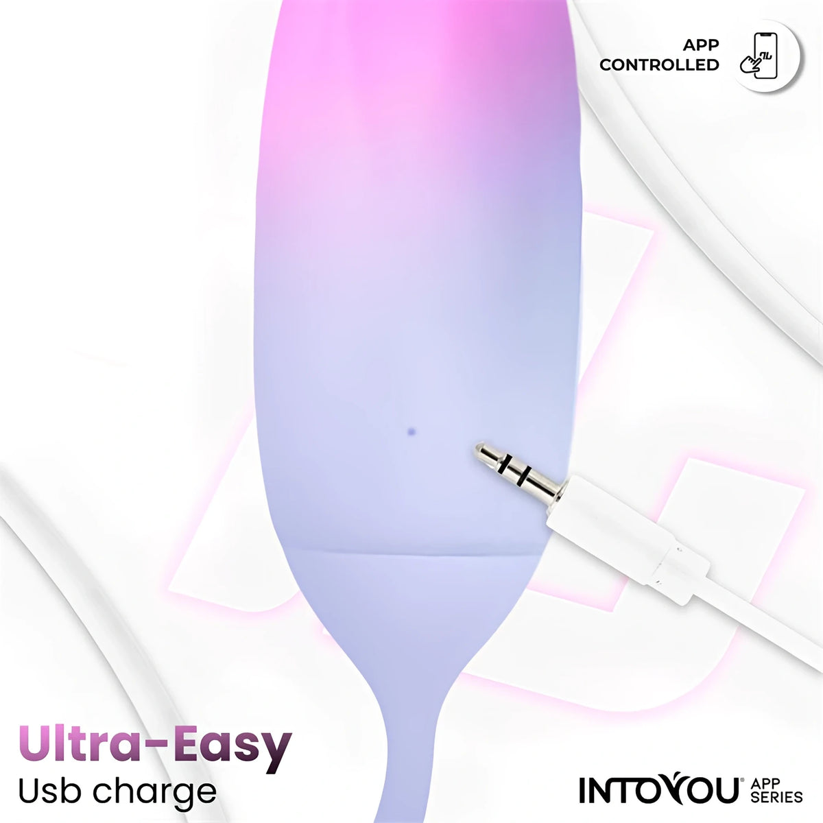 Виброяйце IntoYou App Series в розово и синьо със заредена кабелна жичка с жак; надпис „Ultra-Easy Usb charge“ и иконка „App controlled“