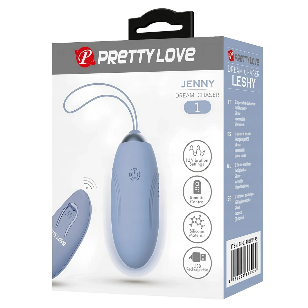 Кутия на Pretty Love Jenny Dream Chaser със синьо-сиво виброяйце, дистанционно и икони за 12 вибрации, силикон и USB зареждане