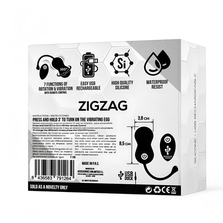 Задната страна на кутията на виброяйце Zigzag с икони за 7 функции, USB зареждане, силикон и водоустойчивост, размери 8,5 × 3,8 см