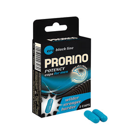 Черна кутия на PRORINO Potency caps for men от серия ero black line, с две сини капсули пред нея