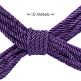 Лилаво усукано въже Ouch Purple, навито и завързано в средата, с надпис за дължина 10 метра