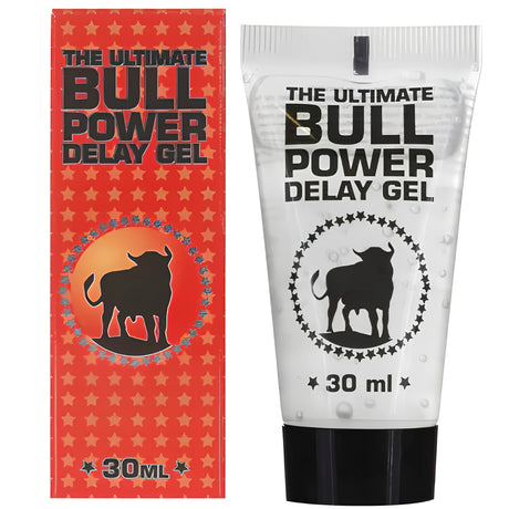 Задържащ гел Bull Power 30 мл: червена кутия със силует на бик и прозрачна туба с черна капачка, на която пише The Ultimate Bull Power Delay Gel