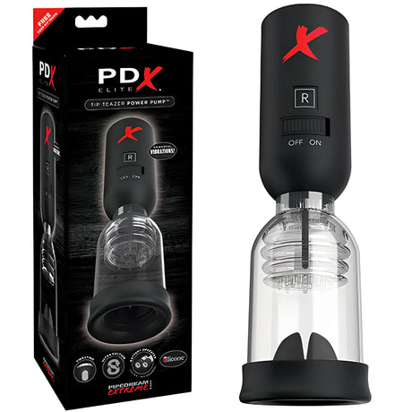 Черна кутия PDX Elite Tip Teazer Power Pump до самото устройство с прозрачна долна част, черен корпус и превключвател Off/On