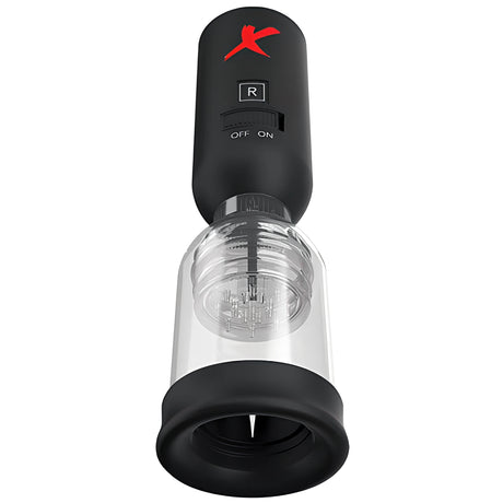 Elite Tip Teazer Power Pump на Pipedream отблизо отдолу: черна дръжка с превключвател OFF/ON, прозрачен цилиндър и черен силиконов пръстен