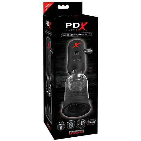 Черна кутия на Elite Tip Teazer Power Pump на Pipedream с логото PDX и изображение на устройството с прозрачна част и черен силиконов отвор