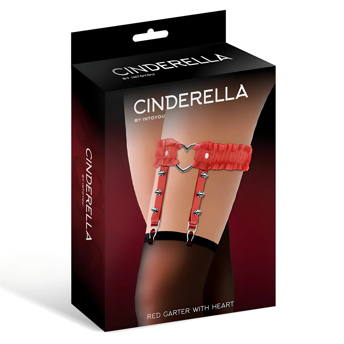 Черна кутия на жартиер Cinderella by IntoYou с червен жартиер със сърце и шипове на бедро с черен чорап