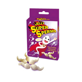 Лилава кутия Jelly Super Sperms с вкус на пина колада, 120 г, и няколко бели желирани бонбона пред нея