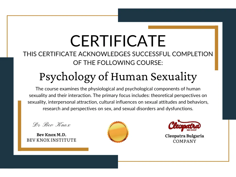 Сертификат за завършен курс "Психология на човешката сексуалност" от доктор Бев Нокс